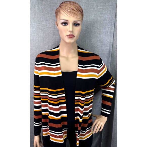 Ruby Rd. Woman Size 1X Open Cardigan Black Brown Yellow Stripe Pockets - Picture 2 of 11